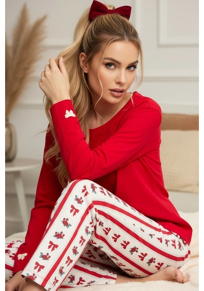 Siyah İnci Örme Pamuklu Pijama Takım25240225 Kırmızı