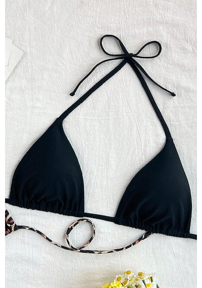 Angbutik Kadın Leopar Desenli Ve Siyah Minimal Kesim Üçgen Bikini Üstü Çok Renkli