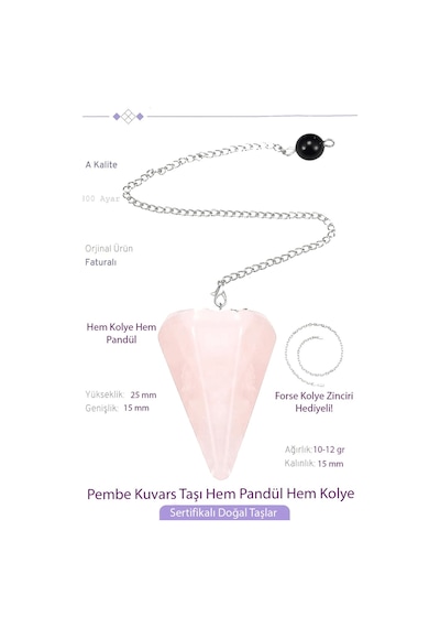 Erilsa Sertifikalı Pembe Kuvars Taşı Pandül Sarkaç Hem Pandül - Hem Koly Çok Renkli