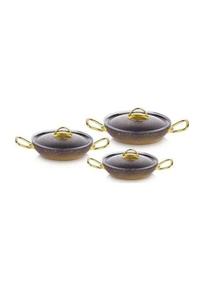 Oms Gold Serisi 6 Parça Granit Sahan Seti Cam Kapaklı 18-20-22 Cm Pfoa İçermez Gold