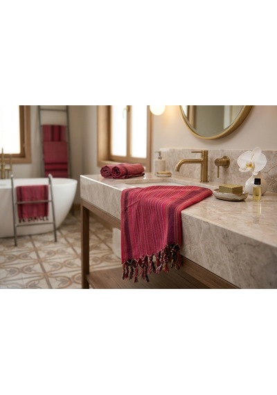 Ludıa %100 Pamuk Çizgili Peştemal Havlu 90x180 Cm Bordo Kırmızı Püsküllü Bordo - Kırmızı