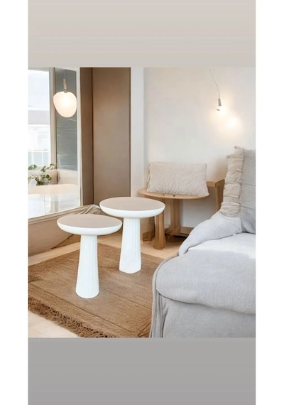 Wood Wooden Ahşap 2 Li Set Fitilli Mantar Beyaz Yan Sehpa