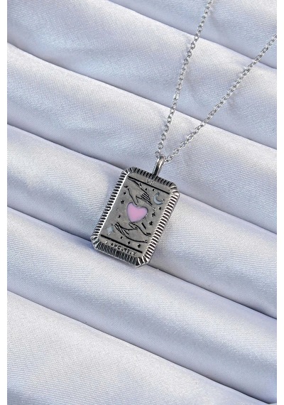 Mey İthalat 316l Çelik Zincir Eskitme Gümüş Renk Pembe Mineli Kalp Figürlü Tarot Kolye - Özel Seri Meyeb66ed479287824c9f9b0a3595