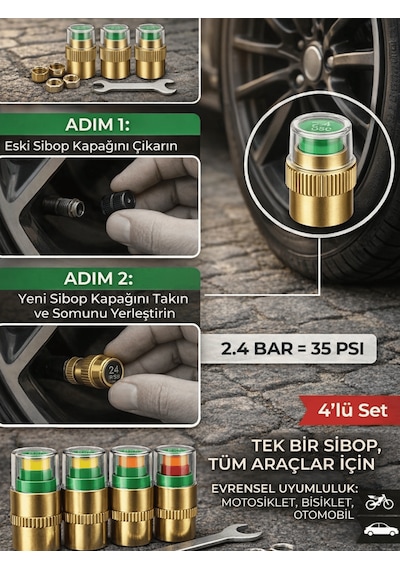 Beylini 4'lü Lastik Basınç Ölçerli Sibop Bisiklet Araba Motosiklet Tekerlek Hava Ölçer 2.4 Bar 35 Psı Set