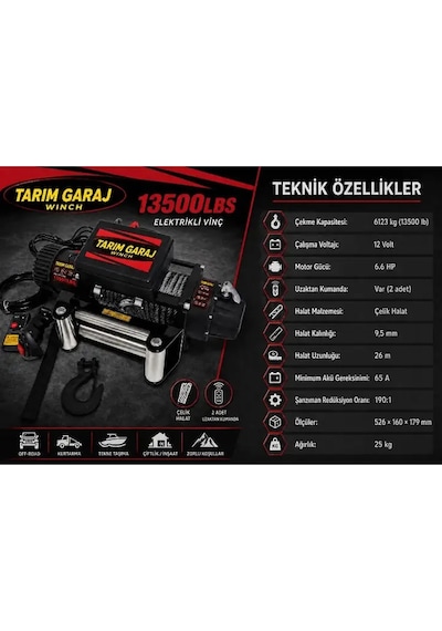 Tarım Garaj 13500 Lbs Elektirkli 12 V Ve Kumandalı Off Road Vinç 6.6 Hp