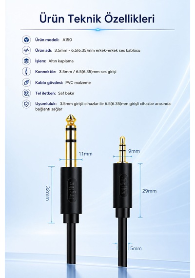 3.5mm - 6.35mm Stereo Ses Kablosu 5 Metre, Amfi Mixer Hoparlör Gitar Profesyonel Ses Sistemi Uyumlu, Altın Kaplama Jak, Bakır İletken, Esnek Pvc, Tak Çalıştır Audio Kablo A150ı