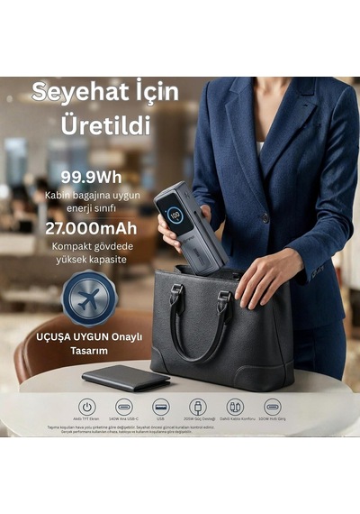 Wp001a-g 205w 27.000 Mah 2 Usb-c Portlu Dahili Usb-c Kablolu Led Ekranlı Pd Gan3 Powerbank
