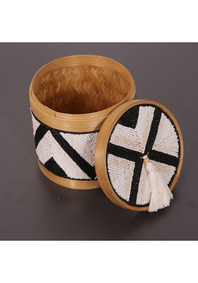 Bali Boncuklu Bambu Saklama Kutusu M 17x17 Cm Beyaz