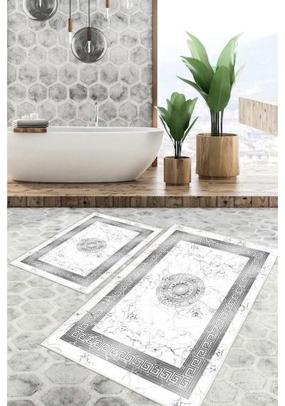 Dijital Baskı Mermer Desen Kaymaz Taban 2li Set Banyo Paspası Klozet Takımı 50x60cm-60x100cm Gri