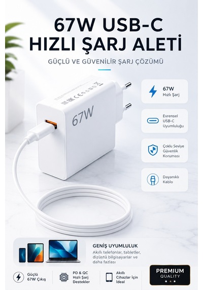 67w Turbo Süper Hızlı Şarj Adaptörü - Beyaz Usb-c Turbo Şarj Cihazı + Dayanıklı Type-c Kablo Seti