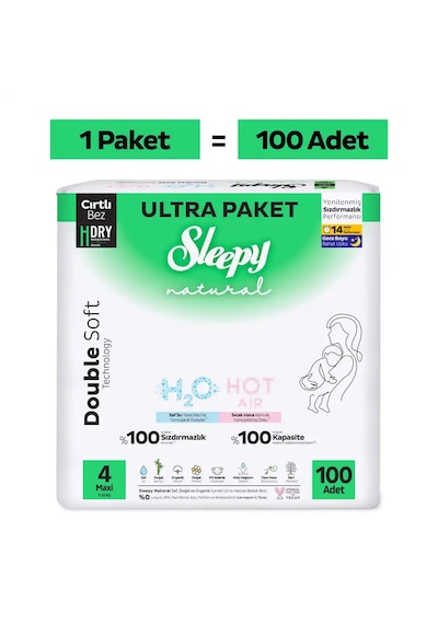 Sleepy Natural Double Soft Ultra Paket Bebek Bezi 4 Numara Maxi 100 Adet