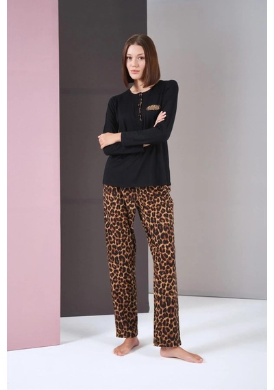 Pjs 26004 Kadın Uzun Kol Leopar Desenli Pijama Takım Siyah