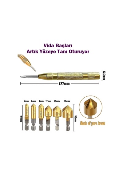 6 Parça Havşa Matkap Ucu Seti + Otomatik Punta Ahşap Mdf Metal Pah Kırma Havşa Açma Seti