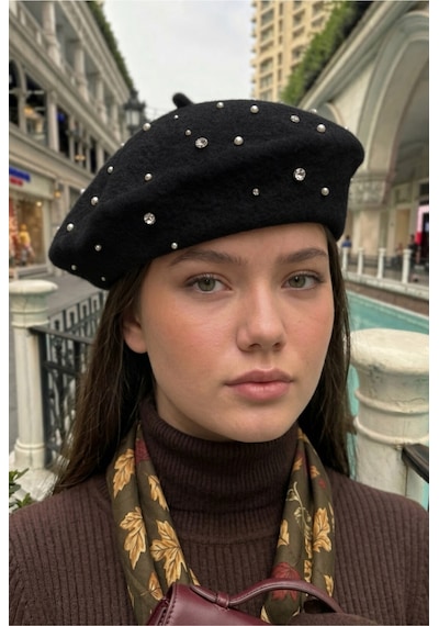 Mollycrush Kadın Siyah Pırlanta Taşlı Yün Ressam Bere Kışlık Şık Tasarım Fransız Tarzı Şapka Siyah