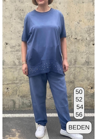 Mia Butik Büyük Beden Verona İndigo Keten Takım İndigo