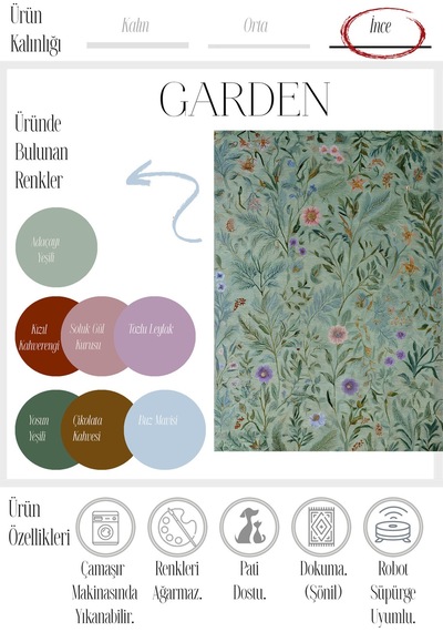 Garden 808 Yeşil Botanik Çiçekli Halı Yıkanabilir Dokuma Taban İnce Halı Oturma Odası Salon Halısı