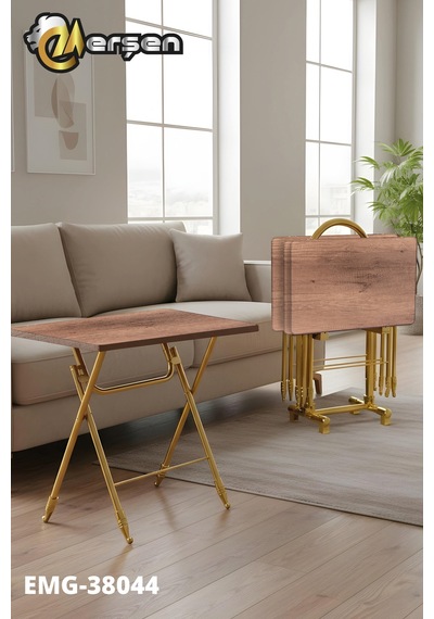 Eranş Serisi 4'lü Katlanır Mdf Mebran Ahşap Çanta Zigon Sehpa Gold Ayak Koyu Ahşap Desen Gold Ayak