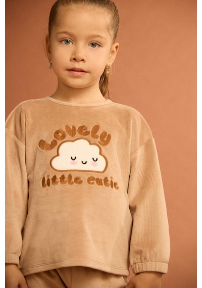 Defacto Kız Bebek Pijama Takımı Bulut Baskılı Uzun Kollu Welsoft Pelüş Üst Uzun Alt G1527a525wnbg400 Bej-bg400