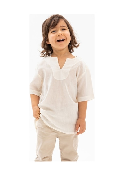 Eliş Şile Bezi Kısa Kol Şile Bezi Bisiklet Yaka Erkek Çocuk Tshirt Krem 3002