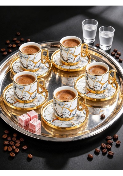 Valkyrie 12 Parça 6 Kişilik 80 Ml Türk Kahvesi Fincan Takımı Gold Mermer Desenli