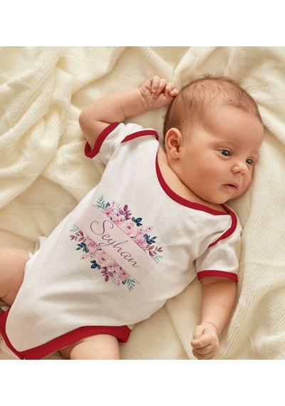 Bk Gift Bk Kids Kişiye Özel Çiçek Tasarımlı Kırmızı Bebek Body Zıbın-22 6 - 9 Ay