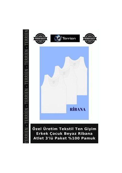 Terrien Özel Üretim Tekstil Ten Giyim Erkek Çocuk Beyaz Ribana Atlet 3'lü Paket %100 Pamuk