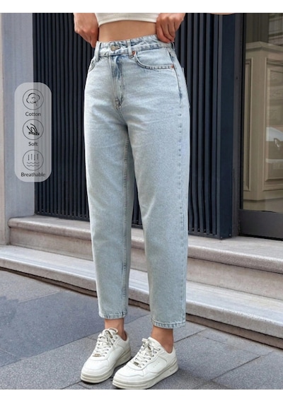 Blue Marlın Kadin Buz Kar Yüksek Bel Mom Jeans Pantolon Mavi