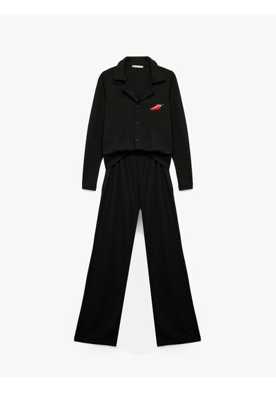 Koton Gömlek Yaka Uzun Kollu Biber Nakış Detaylı Pijama Takımı Siyah 6wlk40126mk Siyah