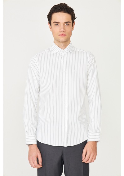 Lacivert İnce Çizgili Uzun Kollu Gömlek Slim Fit Beyaz - Lacivert