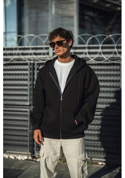 Efnaz Style Oversize Tam Fermuarlı Uzun Kol Hırka - Siyah
