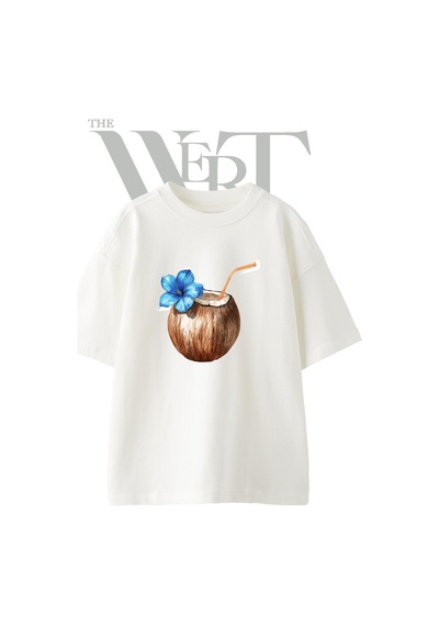 Thewert Coconut Cocktail Tasarım Baskılı Ünisex Beyaz Oversize T-shirt
