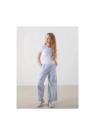 LC Waikiki Lcw Kids Beyaz Bisiklet Yaka Fiyonk Baskılı Kız Çocuk Crop Tişört Buxe Whıte