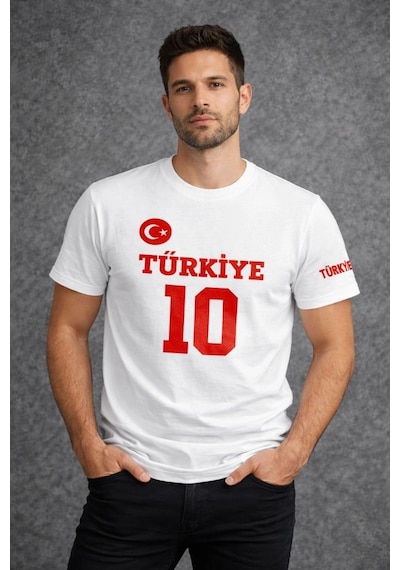 Novalisse Erkek Türkiye Ay Yıldız Baskılı 10 Numara Forma Tişört Taraftar T-shirt - Beyaz Çoklu Renk