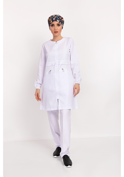 Badem Model Soft Likra Fermuarlı Beyaz Cerrahi Üniforma Takım 001