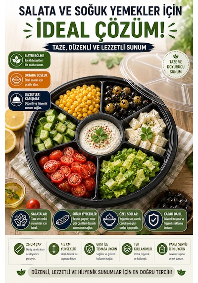 7 Bölmeli Kahvaltı Meze Kabı Kapaklı 26 Cm Tek Kullanımlık Salata Sunum Ve Paket Servis Kabı Seti Siyah