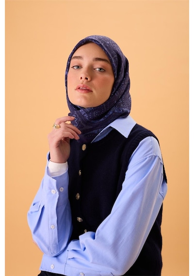 Silk Home Viskon Karışımlı Velora Eşarp Lacivert-morcivert Lila Bebe Mavi Desenli Tok Duruşlu 90x90 Çok Renkli