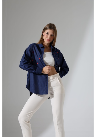Corradeo Giyim Yeni Sezon Oversize Çizgili Poplin Kumaş Kalp Nakış Detaylı Apoletli Tasarım Gömlek Lacivert