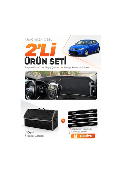 Hyundai İ30 2007-2012 Uyumlu Torpido Örtüsü + Deri Bagaj Çantası + Sticker Seti - Siyah Gri