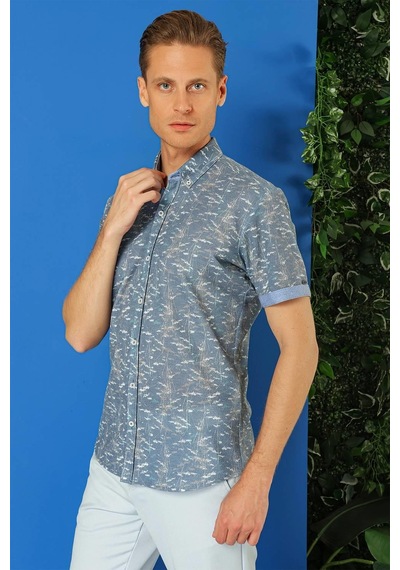 Efor Slim Fit Düğmeli Yaka Desenli Kısa Kol Pamuk Mavi Gömlek G 1499 Mavi