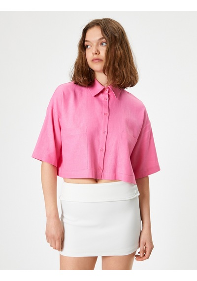 Koton Crop Keten Gömlek Dirsek Boy Kısa Kollu Cepli Rahat Kalıp Pembe 4sal60001ıw Gül