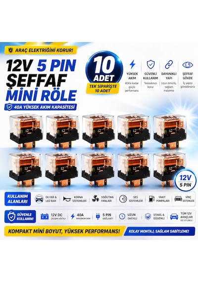 12v 40a 5 Pin Şeffaf Mini Röle 10 Adet Ekonomik Paket Oto Rölesi Ek Far Led Bar Korna Rölesi