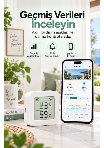 Wifi Lcd Ekranlı Pilli Sıcaklık Ve Nem Sensörü Fonri, Tuya, Smart Life, Google Assistant, Amazon Al