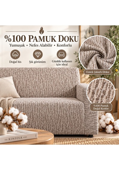 Altınkoza Koltuk Örtüsü - 3+3+1+1 Takım -%100 Pamuklu Esnek Streç Kumaş - Her Tip Kanepeye Uyumlu - Salon Oturma G Çok Renkli