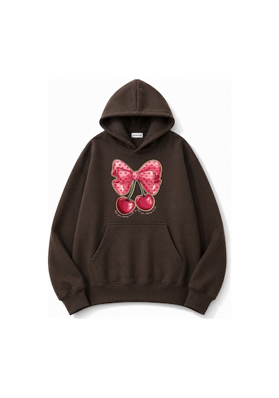 Herkesemoda Kurdele Kiraz Baskılı Kapüşonlu 2 İplik Şardonlu Sweatshirt Kahverengi