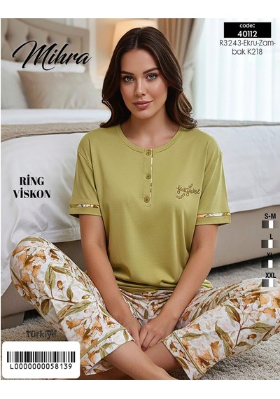 Mihra Kadın Ring Viskon Düğmeli Yaka Kısa Kol Likralı Pijama Takımı 40112fy - 1 Adet Yeşil Mihra Kadın Ring Viskon Düğmeli Yaka Kısa Kol Likralı Pijama Takımı 40112fy - 1 Adet Yeşil