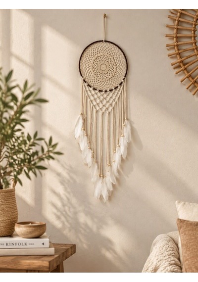 Motifli Düş Kapanı Rüya Kapanı Dream Catcher Beyaz Tüylü Bohem Duvar Süsü Bohem El Yapımı Düş Kapanı