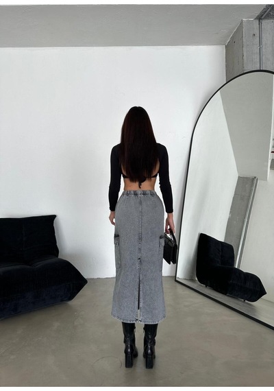 Zeo Basic Kargo Cepli Bel Lastikli Maxi Denim Etek Füme Füme Kar