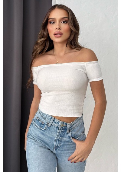 Lesa Wear Soft Touch Kayıkçı Yaka Dekolteli Basic Crop Bluz Beyaz