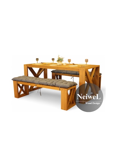 Neiwel Velmar Doğal Ahşap Banklı Yemek Masası Takımı-120-240 Takım Açık Ceviz