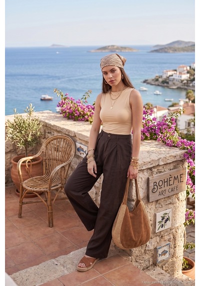 Lela Relaxed Fit Yüksek Bel Geniş Paça Pantolon Bayan Pantolon 668yp5515 Kahve